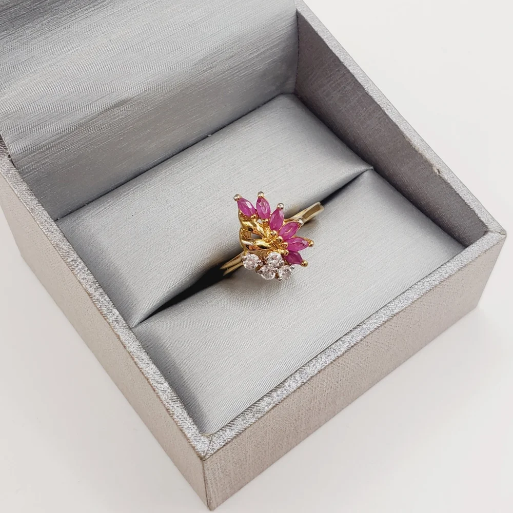 Genuine Marquise Pink Ruby - Simulated Diamonds - 18k Yellow Gold Plated Ring